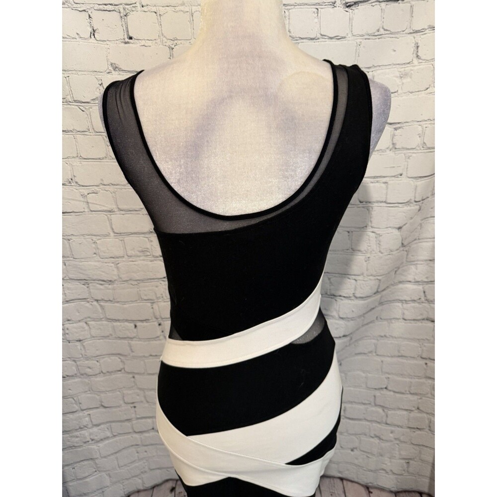 Bebe Black & White geometric pattern bodycon dress featuring sheer mesh Small - Picture 5 of 7